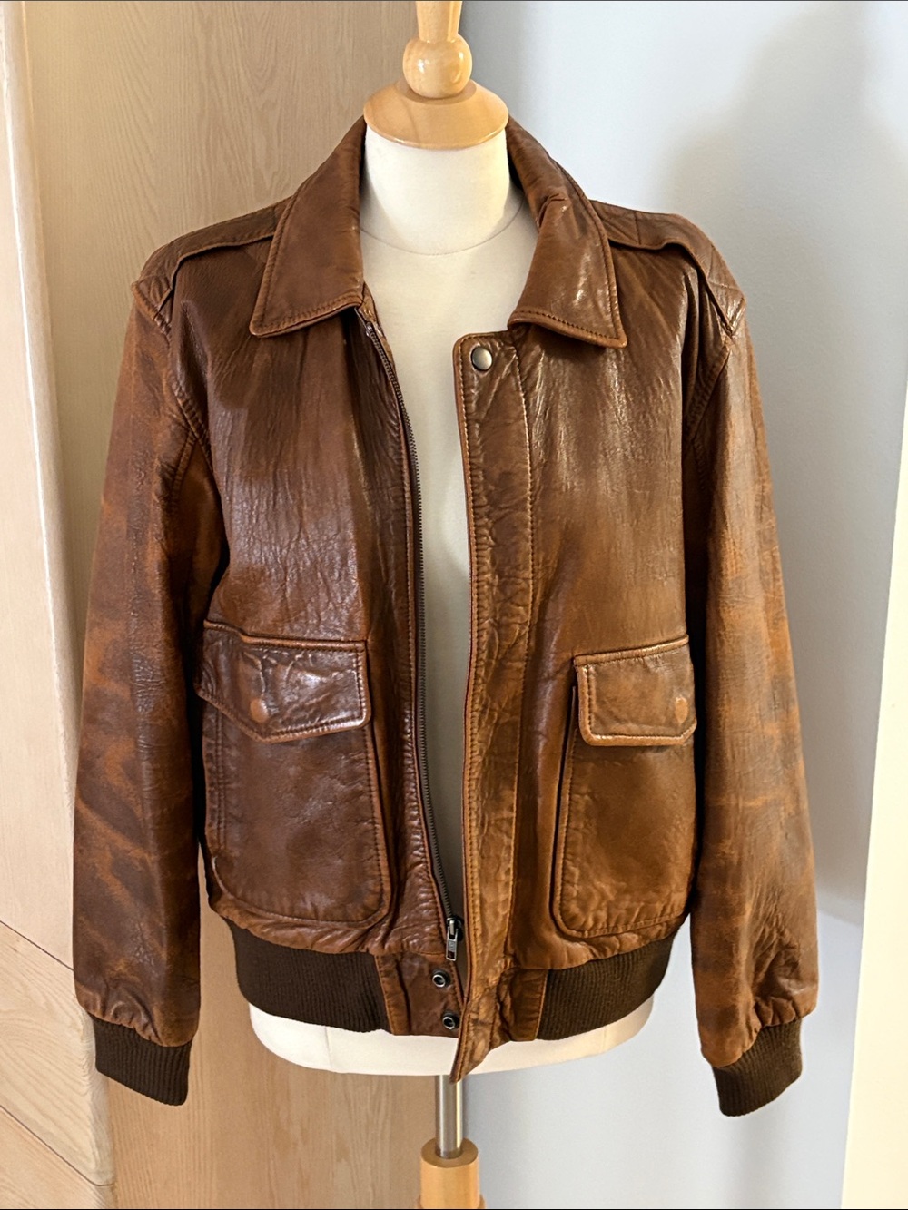Vintage Brown Leather Bomber Jacket